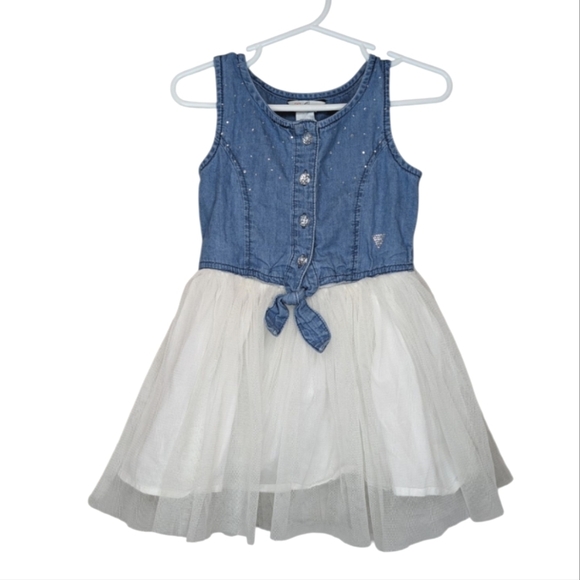Guess 4 girl Denim Tie Front Diamond Button Tulle Skirt Dress Western - Picture 1 of 4